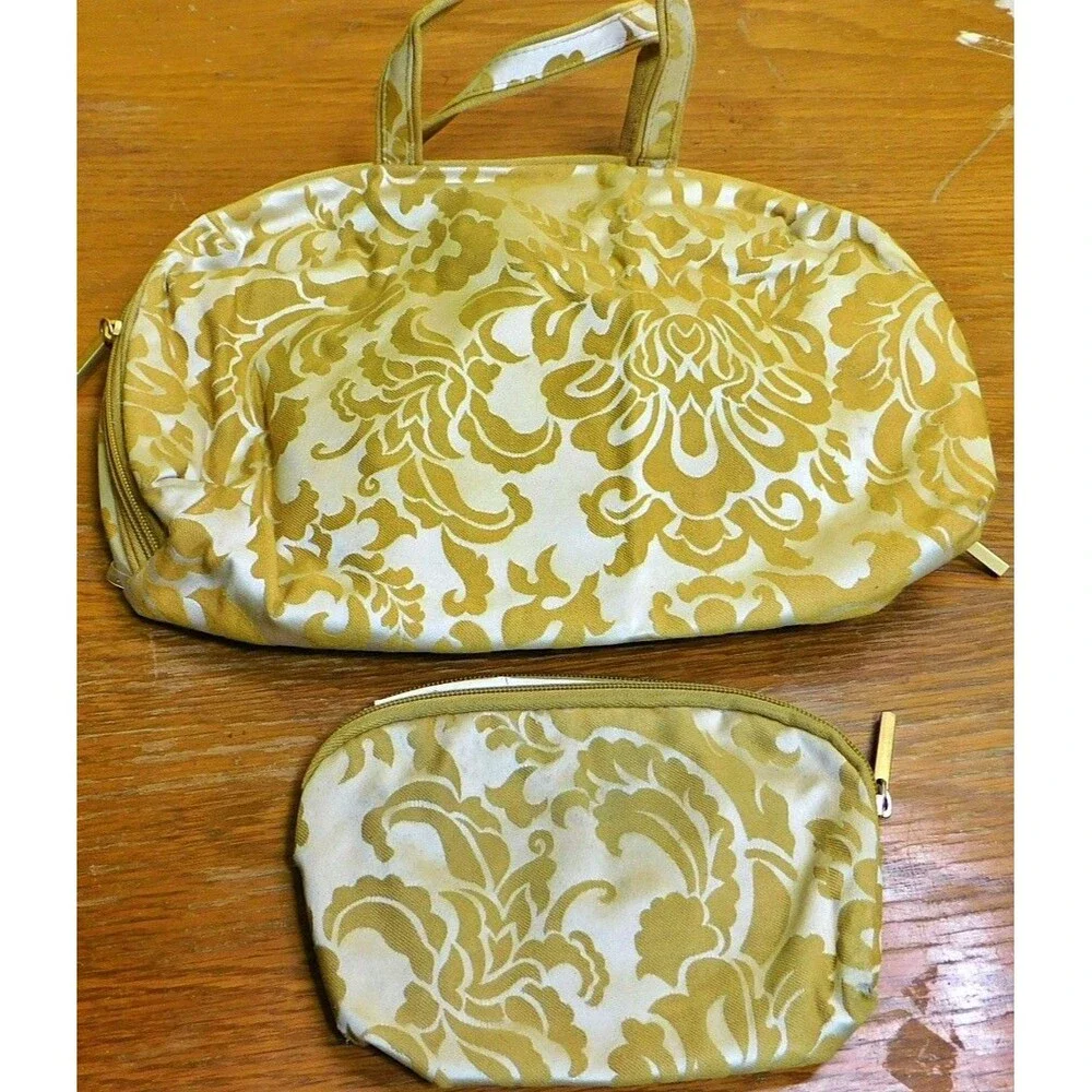 Pair of Vintage Gold and White Patterned Makeup Bags